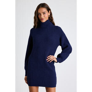 Lulus Casual Coziness Navy Waffle Knit Cowl Neck Sweater Dress Blue - Size XS